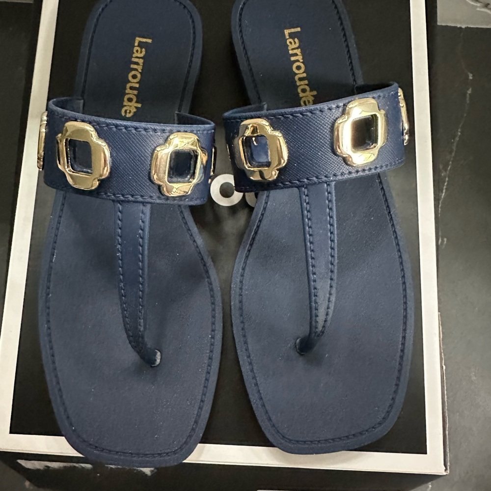 Larroude Navy Sandals with Gold Accents